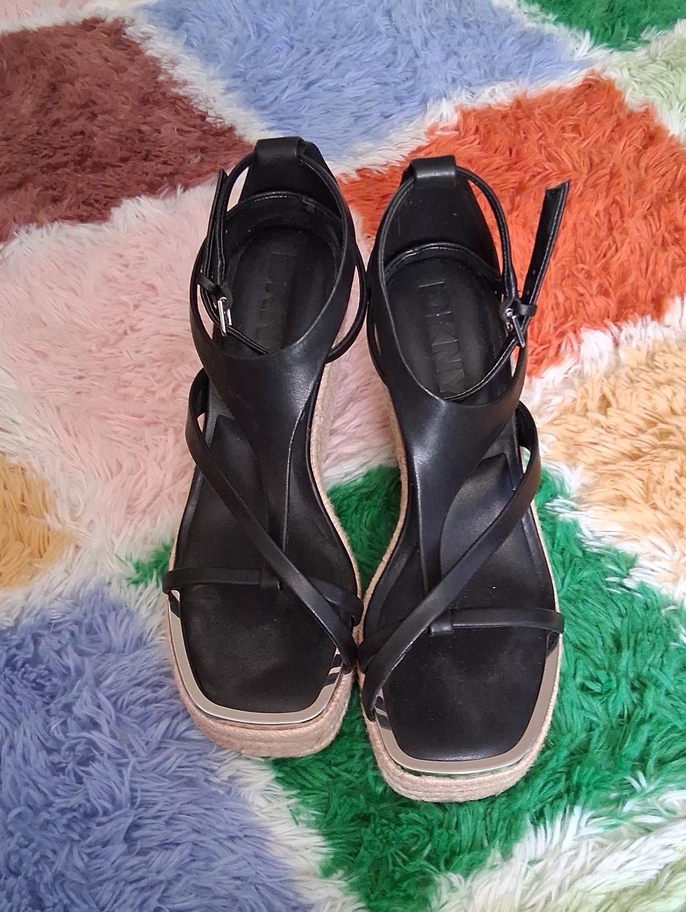 DKNY Black Strappy Wedge Sandals with Espadrille Sole